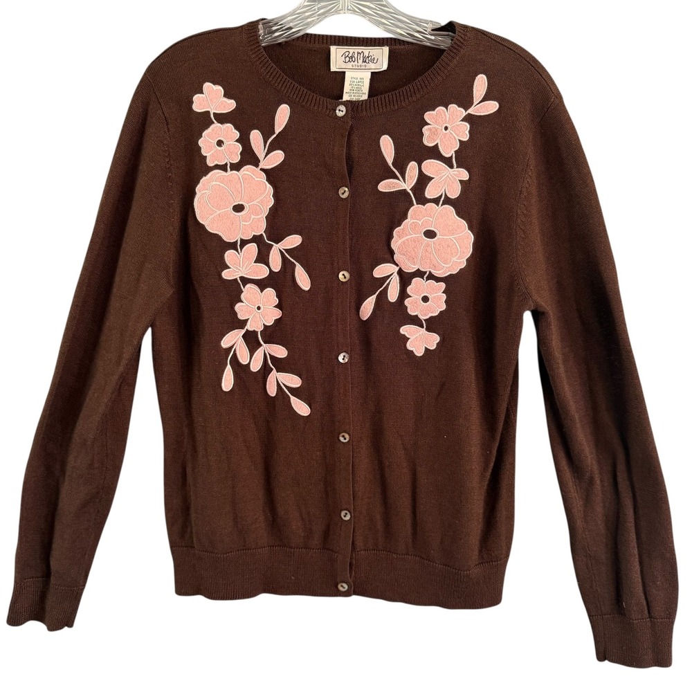 Bob Mackie Wool Blend Cardigan Brown Pink‎ Floral Applique Sweater Size Large